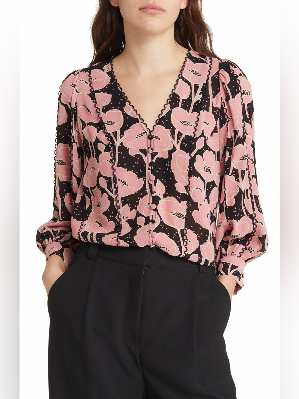 Ted Baker London Pink Floral V-Neck Blouse on Black